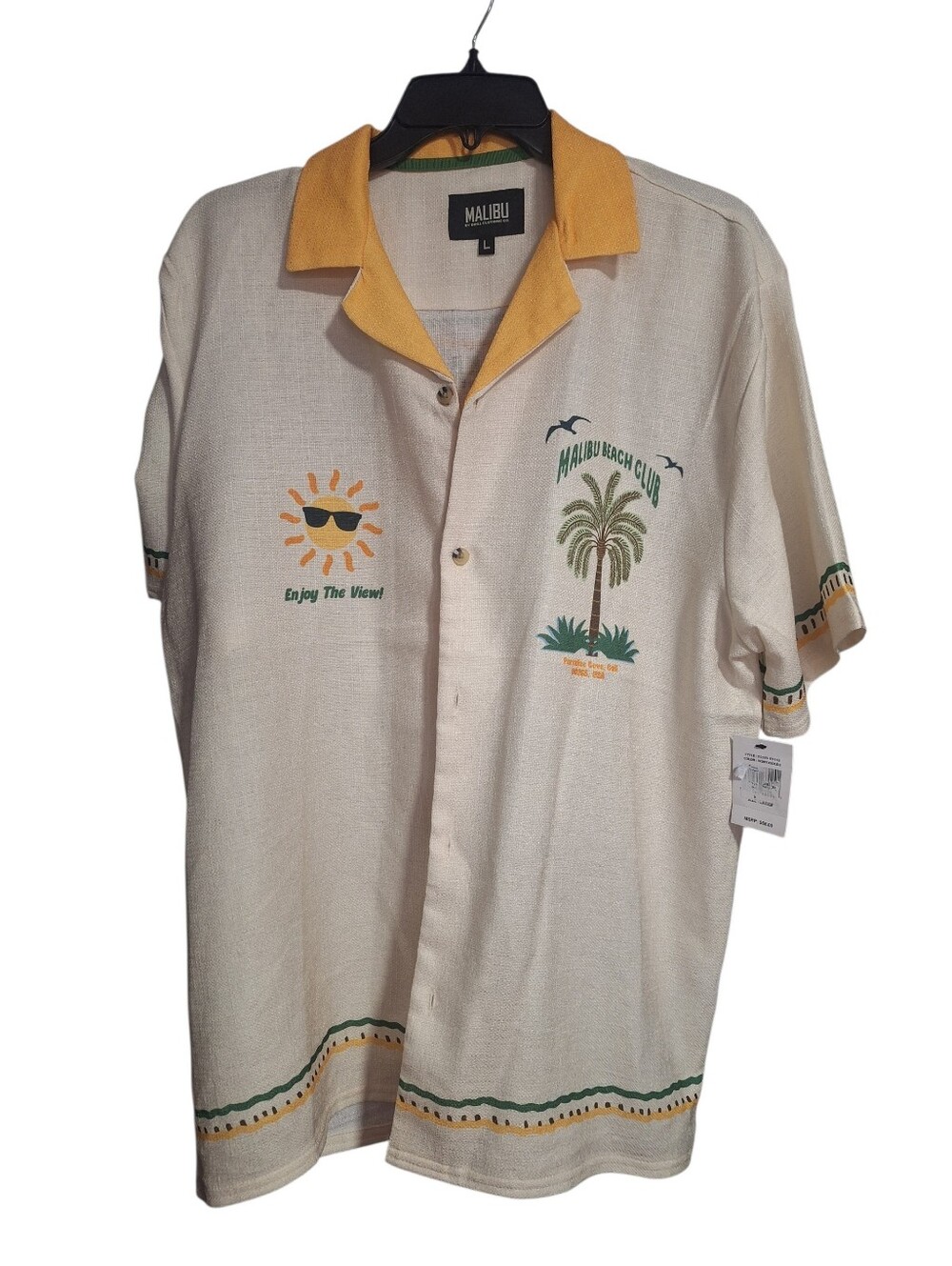 Men's Cream Short-Sleeve Resort Shirt with Yellow Collar - Picture 3 of 4